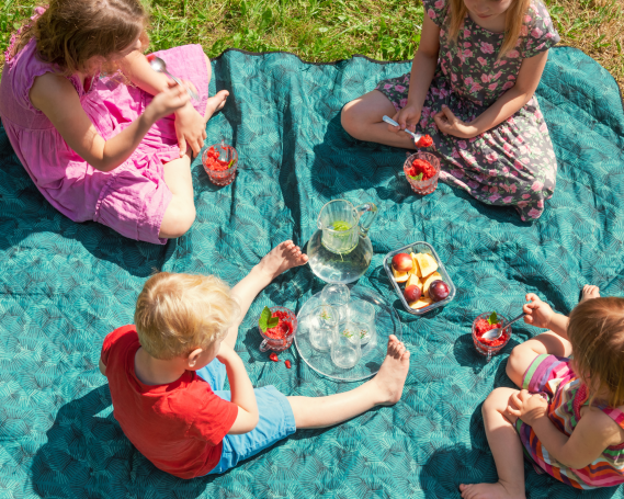 Kinder sitzen auf einer Decke im Freien und genießen Snacks und Getränke.