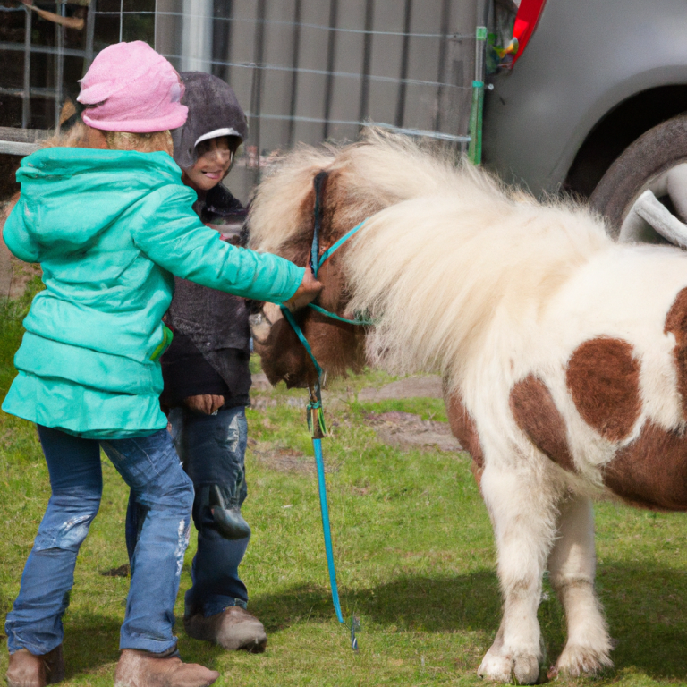 Mädchen mit grüner Jacke führt ein kleines Pony mit Flecken; Junge beobachtet.